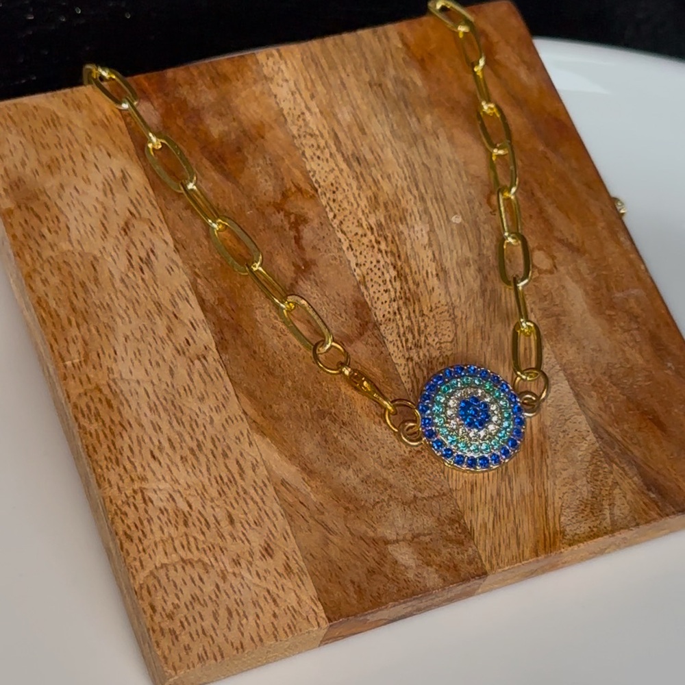 Gold and Blue Evil Eye Necklace Rhinestones Festival Bohemian